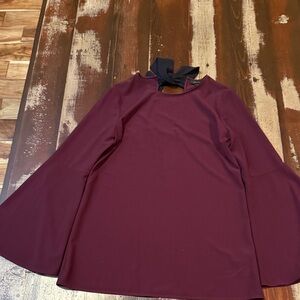 Halogen Burgundy Bell Sleeve Blouse with Black Neck Tie